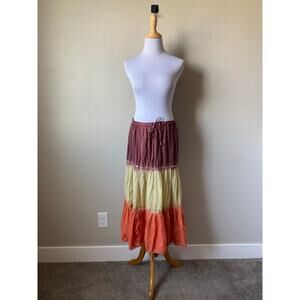 Kaaku Multicolor Ombre Gauzy 100% Cotton Sequence Tiered Boho Hippie Midi Skirt